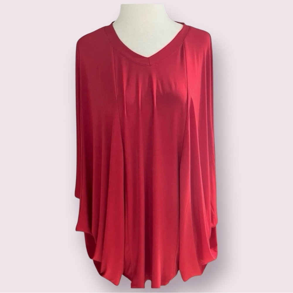 Anna Bella Red Kaftan Tunic Top Oversized Asymmetrical Pleated Blouse M